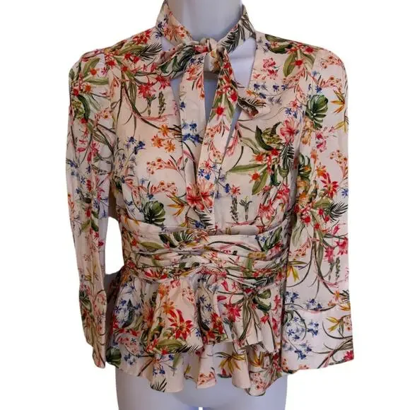 Hellessy Fitted Tie Front Floral Blouse with Ruffled Peplum Plunging V Neck s 2 - Picture 7 of 16